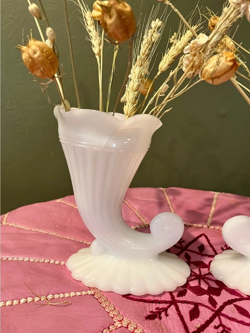 Vintage MCM White Milk Glass Cornucopia Vases - Pair of 2